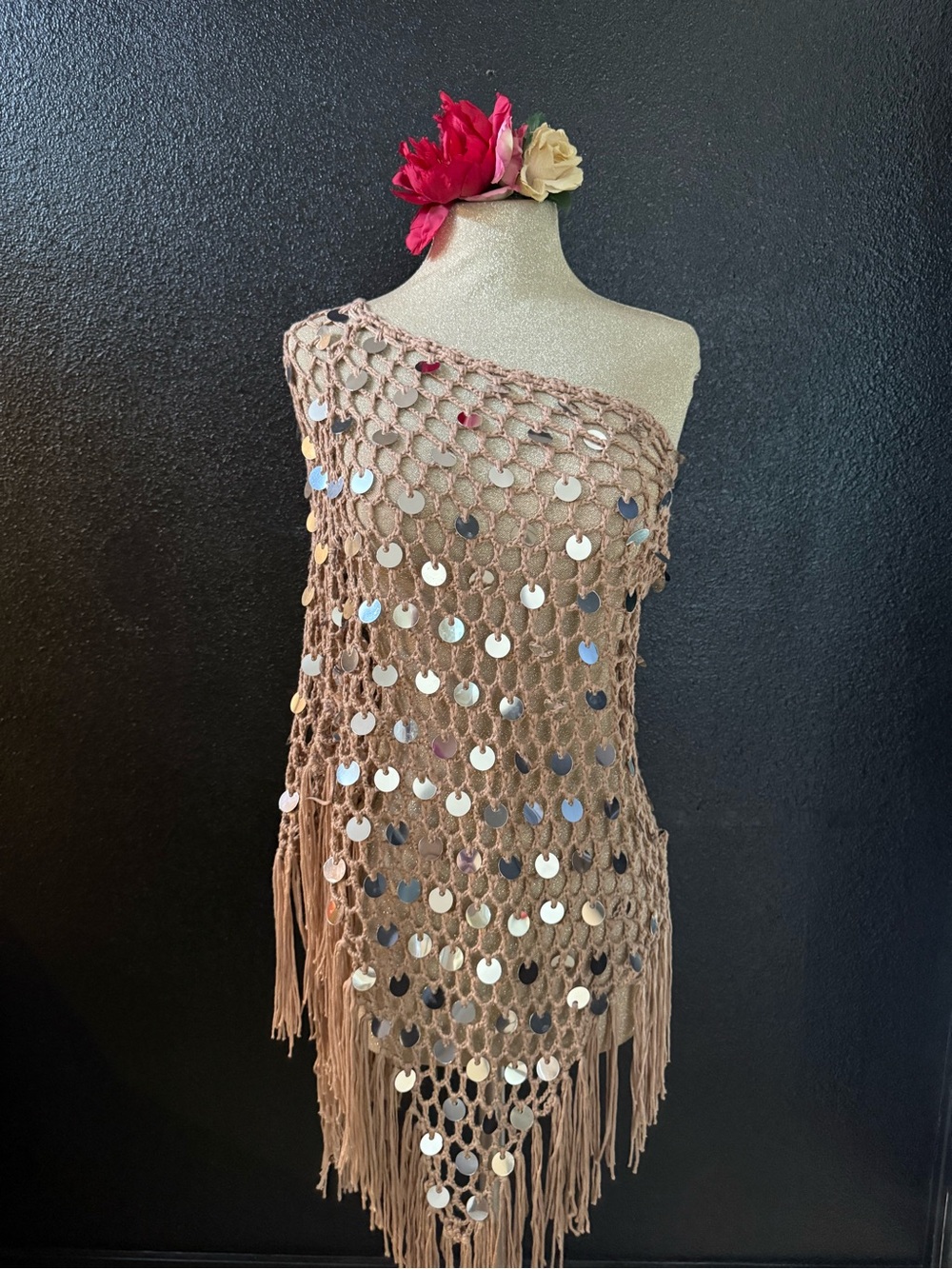 Beige Crochet Sequin Fringe Cover-Up
